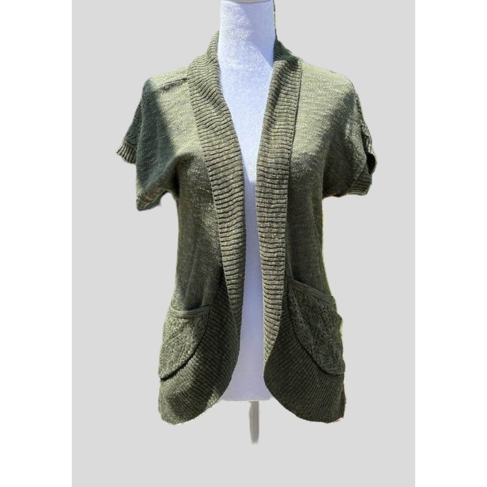 Mossimo Supply Co Olive Open Knit Short Sleeve Cardigan Sweater M Pockets